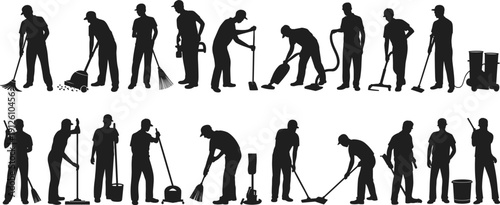 Cleaning staff and janitor silhouettes with broom, mop, vacuum and bucket isolated on white background for housekeeping and maintenance service design
