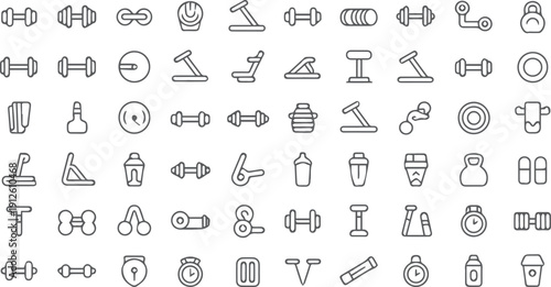 Fitness Equipment Icons: Dumbbells, Kettlebells, Shakers, and More for a Healthy Lifestyle and Gym Isolated white background