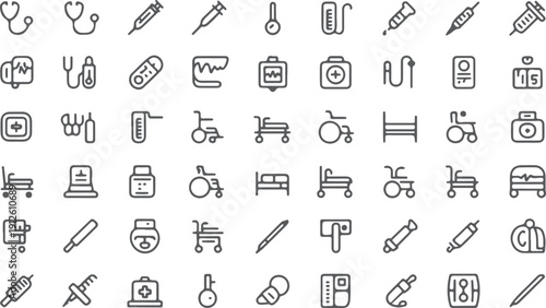 Healthcare Medical Icons: Stethoscopes, Syringes, Beds, and Diagnostic Tools Isolated white background