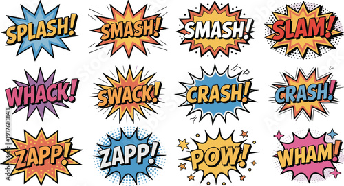 Colorful Comic Sound Effect Illustration Set Featuring Splash Smash Crash Pow Wham And Zapp Text In Pop Art Cartoon Style For Comic Design