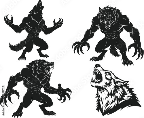 Black werewolf silhouettes in aggressive poses, howling wolf head, monster transformation collection, cad drawing flat vector illustration for horror design.