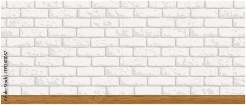 白レンガ壁とウッドシェルフの背景素材 / White Brick Wall and Wooden Shelf Background