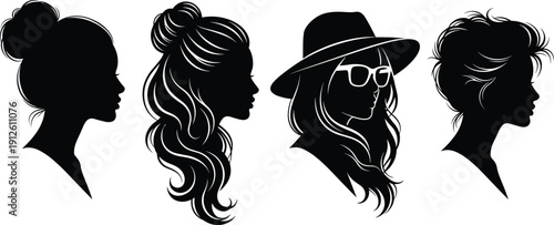 Black woman profile silhouettes with different hairstyles, messy bun, wavy hair, hat and sunglasses, cad drawing flat vector illustration for fashion.