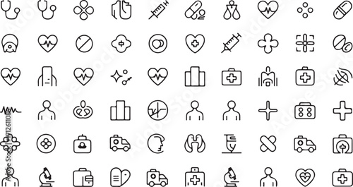 Medical and Healthcare Icons: Heartbeat, Stethoscope, Syringe, Doctor, Patient, Hospital Isolated white background