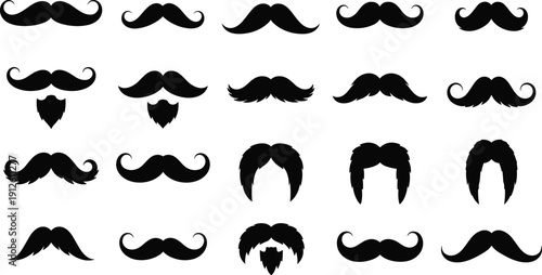 Collection of mustache and beard silhouette styles, vector illustration showcasing diverse facial hair designs for fashion, character creation, grooming, and identity.