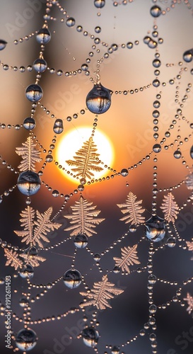 Shimmering Dewdrop Spiderweb Adorned with Icy Ferns Against a Golden Sunset Glow.