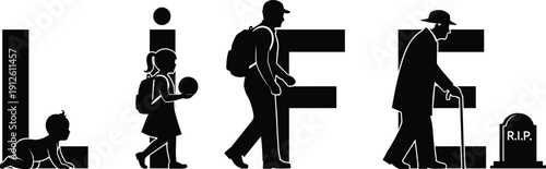Life cycle silhouette from birth to death featuring a crawling baby, school girl, adult man, elderly person, and a tombstone, cad drawing flat vector illustration