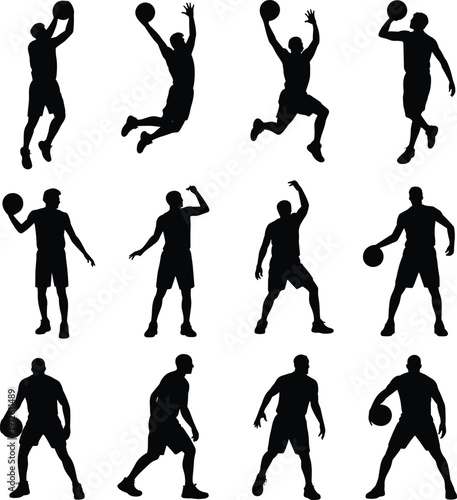 Basketball player silhouette set showing jumping, shooting, dribbling actions, dynamic sports poses for game and training concepts, black vector illustration isolated on white background