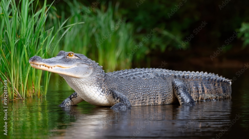 Fototapeta premium Alligator swimming in swamp water looking alert