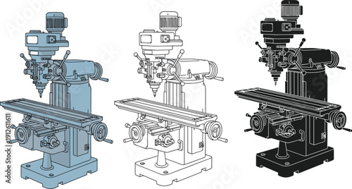 Industrial vertical milling machine illustration set showing isometric engineering equipment technical drawing vector for manufacturing machining workshop precision design process metal industry