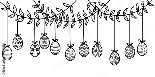 Hanging Easter eggs garland with botanical leaf bunting vector. Hand drawn Easter egg ornaments hanging from leaf vines doodle