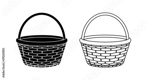 Vector illustration of two empty wicker baskets, one solid black silhouette and one outline drawing, isolated on a transparent background.