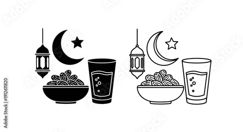 Vector black silhouette and outline icons of dates, water glass, crescent moon, star, and lantern for Ramadan Iftar, isolated on transparent background.
