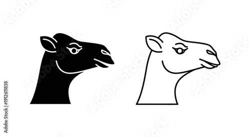 Vector illustration of a camel head icon in two styles: solid black silhouette and outline, isolated on a transparent background.