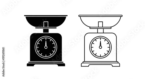 Vector black and outline kitchen scales with a dial and weighing pan, isolated on a transparent background for cooking or measurement.