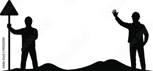 Construction worker silhouettes with road sign and safety gesture isolated on white background for traffic control and industrial design