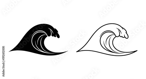 Vector illustration of two stylized ocean waves, one solid black and one outline, isolated on a transparent background for graphic design.