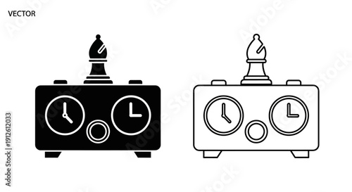 Monochromatic vector illustration of a chess clock with a bishop piece on top, presented in solid black and outline versions, isolated on a transparent background.