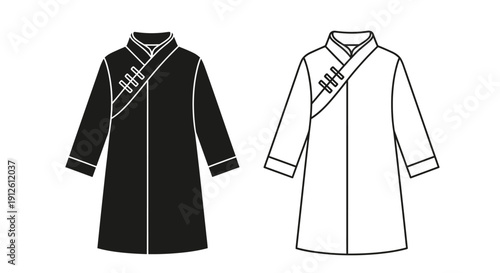 Vector illustration of a traditional Chinese black and white long-sleeved tunic with frog closures, isolated on a transparent background.