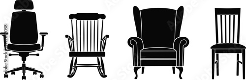 Black chair silhouettes including office chair, rocking chair, armchair, and dining chair, cad drawing flat vector illustration for interior design.