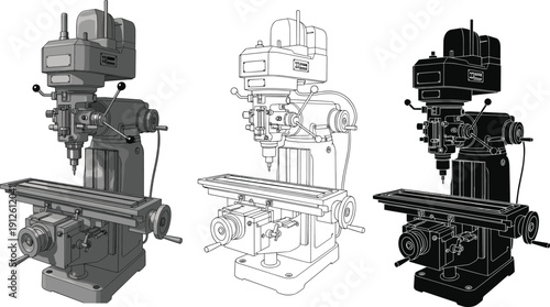 Industrial vertical milling machine vector illustration set with solid outline styles showing precision engineering equipment for machining manufacturing workshop industry use