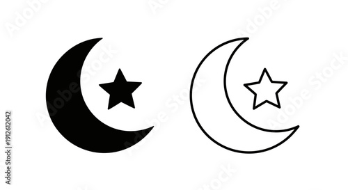 Minimalist vector crescent moon and star icon set in solid black and outline styles, isolated on transparent background, ideal for UI and app design.
