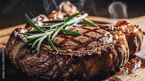 A sizzling seared steak with visible grill marks topped with fresh rosemary resting on a wooden surface with steam rising