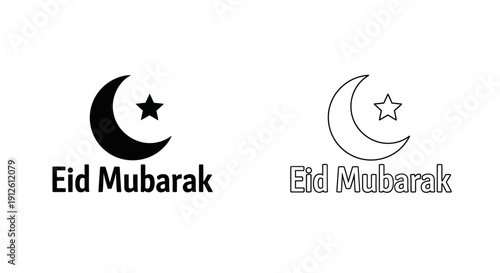 Vector black crescent moon and star icon with Eid Mubarak text, presented in both solid fill and outline styles, isolated on transparent background.