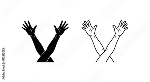 Vector illustration of two crossed human hands with open palms, one solid black silhouette and one outlined, isolated on transparent background.