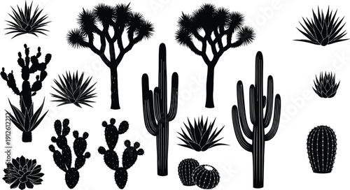 Black desert plant silhouettes including saguaro cactus, prickly pear, joshua tree, and agave, cad drawing flat vector illustration for landscape.