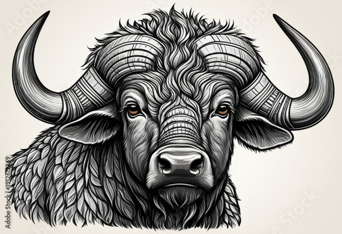 Grumpy cape buffalo doodle, with large, stylized horns, close-up portrait