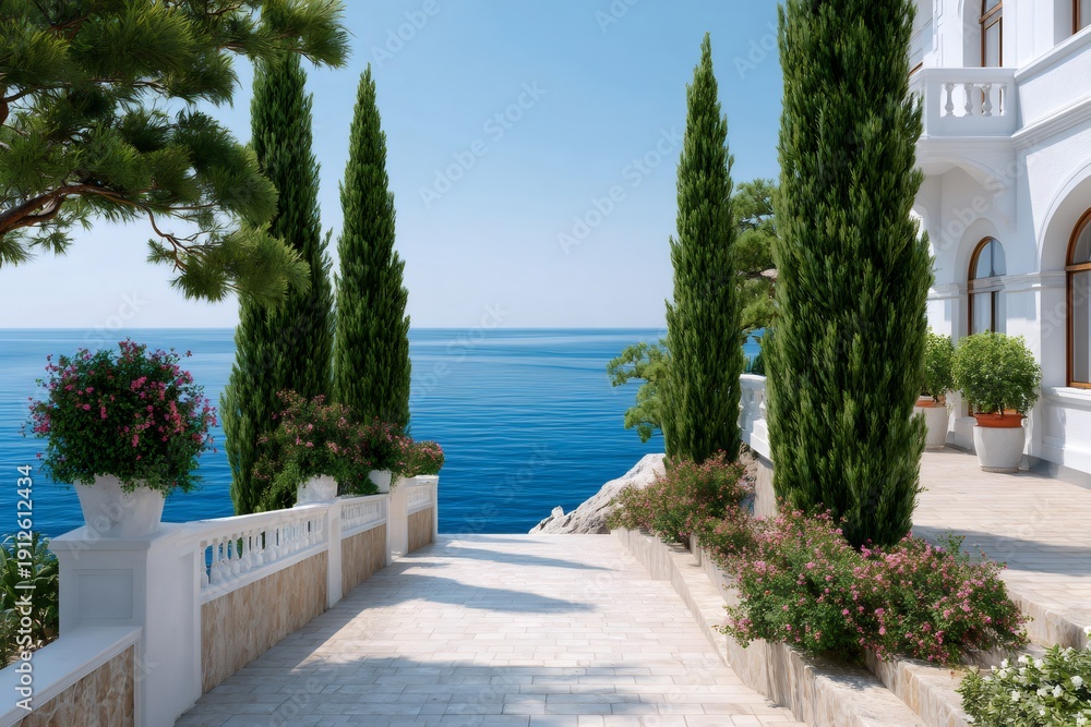 Fototapeta premium Coastal villa path leading to ocean view