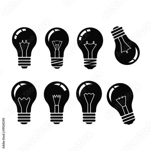 Collection of light bulbs in various states of illumination and design, showcasing creativity and ideas in a simple graphic representation