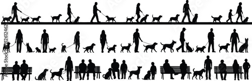 Silhouette vector illustration of people with dogs in public spaces, walking, sitting, standing, companionship, pet care, outdoor lifestyle activity collection