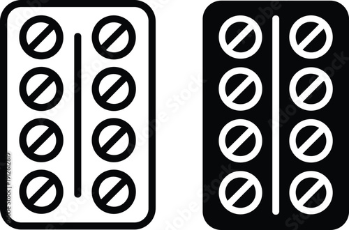 Medicine blister pack icon set showing tablets and pills in solid and outline styles, minimal black healthcare vector symbols for pharmacy and medical design