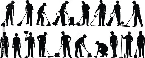 Janitor and cleaning worker silhouettes with broom, mop, vacuum and tools isolated on white background for housekeeping and maintenance service design