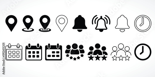 Location, Notification and Calendar Icon Set – Black Line UI Symbols