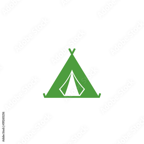 A vibrant green stylized camping tent icon, perfect for depicting outdoor adventures, wilderness exploration, and peaceful nature getaways, ideal for travel and discovery