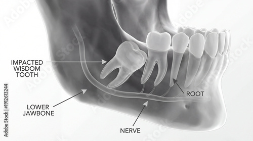 Impacted wisdom tooth and lower jawbone anatomy illustration