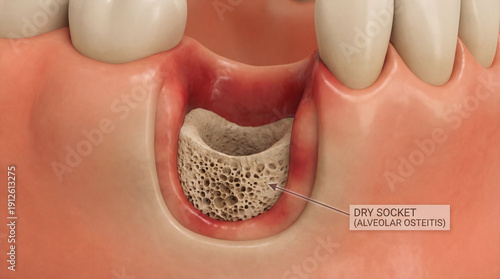 Dry socket alveolar osteitis illustration, dental health problem
