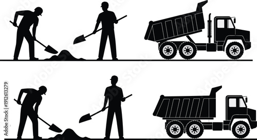 Road construction worker silhouettes with shovel and dump truck isolated on white background for infrastructure, excavation and industrial development design
