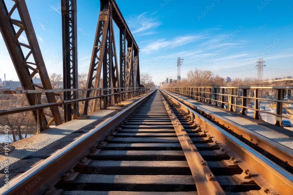 Obraz premium Open Bridge Structure with Railway Tracks Under Clear Blue Sky