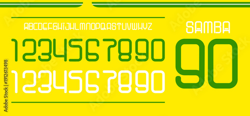 Bold athletic sport font inspired by Brazil national team jersey colors, featuring geometric numerals and modern sporty display style. Yellow, green and blue