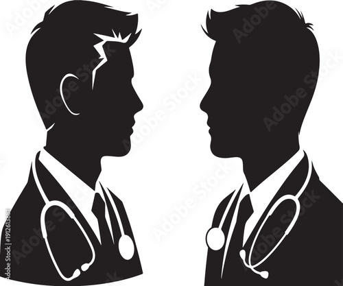 "Medical Professional Silhouette Illustration – Doctors with Stethoscopes Facing Each Other"