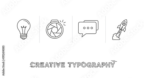 Creative Typography Icons: Idea, Camera, Chat, Rocket Launch