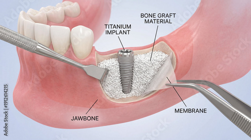 Dental implant surgery illustration, bone graft material