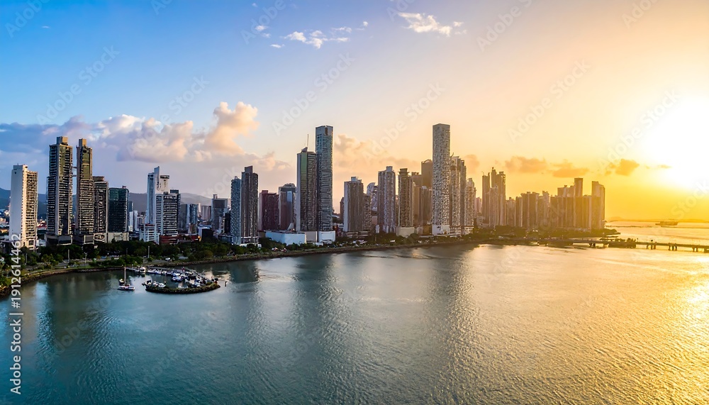 Fototapeta premium Aerial view of a city skyline at sunset, with a bay in the foreground and a bright sun in the background