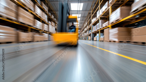 Abstract motion blur of forklift speeding through warehouse aisle with shelves full of cardboard boxes, conveying fast paced industrial work
