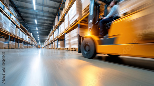 Forklift speeding through warehouse aisle with motion blur effect, conveying fast industrial logistics and dynamic warehouse operation