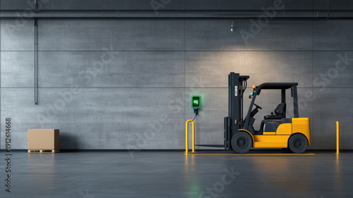 Electric forklift charging station inside warehouse with single cardboard box pallet nearby, showing industrial efficiency and modern technology